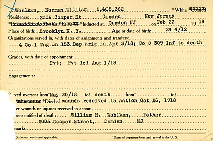 Camden County World War I Honor Roll — Norman W. Wohlken