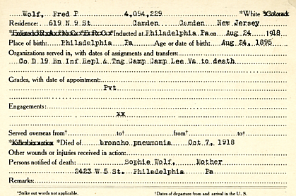 Fred P. Wolf Camden County World War I Honor Roll card