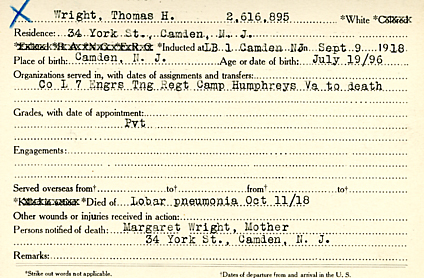 Thomas H. Wright Camden County World War I Honor Roll