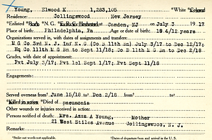 Ellwood K. Young Camden County World War I Honor Roll card