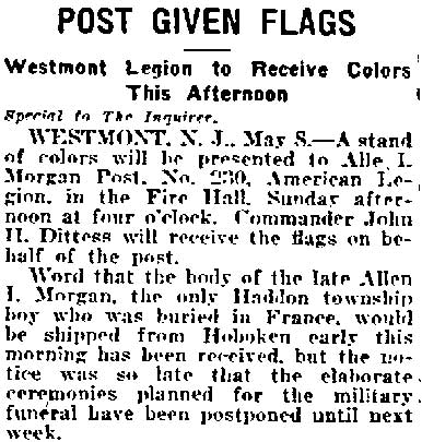 Philadelphia Inquirer May 9, 1920 — Post Given Flags, Allen I. Morgan