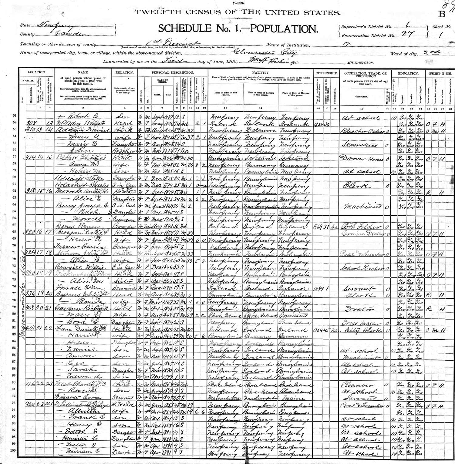 1900 Census record showing the Lane family at 410 Monmouth Street, Gloucester City NJ