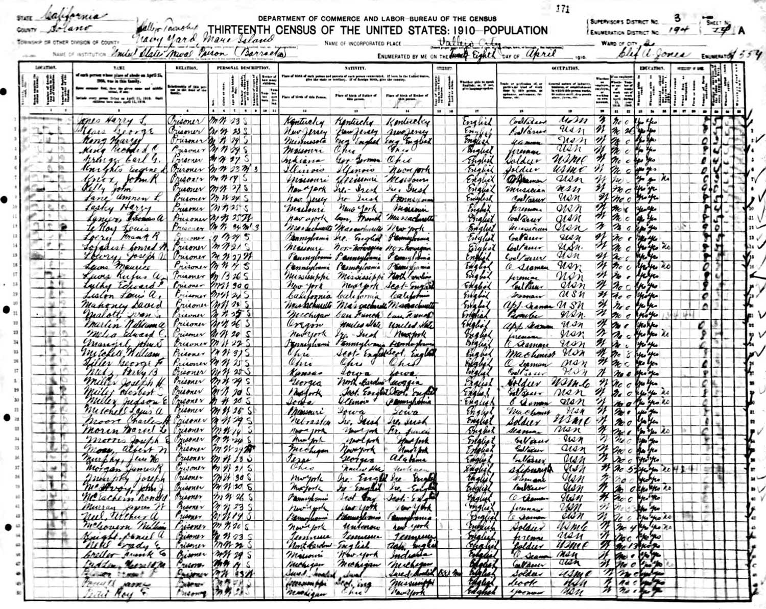 1910 Census record showing Ammon Lane at the Naval Prison, Mare Island Navy Yard, California