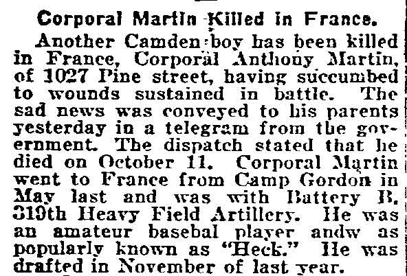 Philadelphia Inquirer November 10, 1918 — Corporal Martin Killed in France