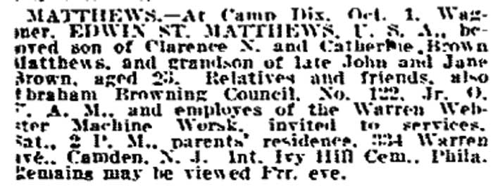 Edwin W. Matthews obituary — Philadelphia Inquirer October 4, 1918
