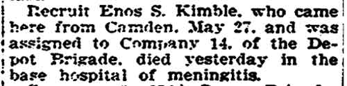 Enos S. Kimble death notice — Trenton Evening Times, June 19, 1918