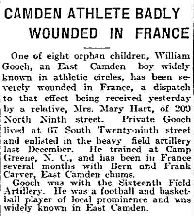 Philadelphia Inquirer clipping reporting that Camden athlete William Gooch was wounded in France, September 24, 1918