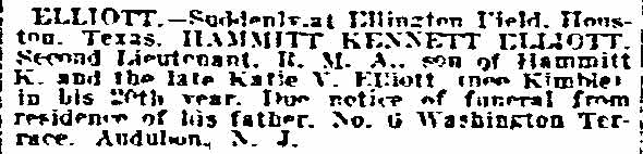 Philadelphia Inquirer death notice for Hammitt K. Elliott Jr., March 2, 1918