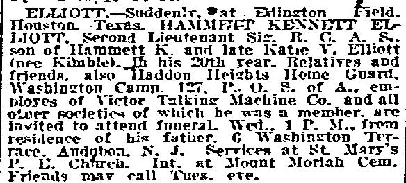 Philadelphia Inquirer death notice for Hammitt K. Elliott Jr., March 6, 1918