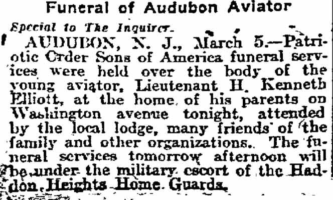 Philadelphia Inquirer — Funeral of Audubon Aviator, March 6, 1918