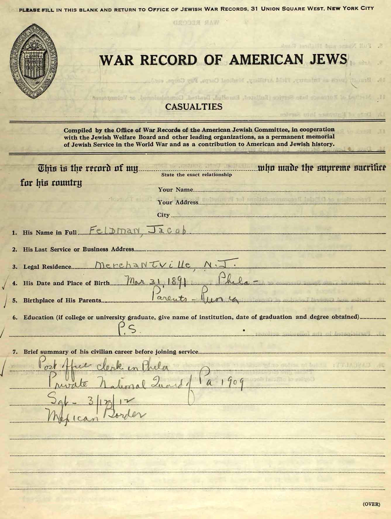 Jacob Feldman, War Record of American Jews