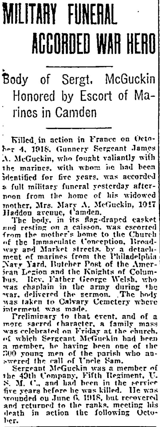 Philadelphia Inquirer, August 22, 1921 — Military Funeral Accorded War Hero (part 1)