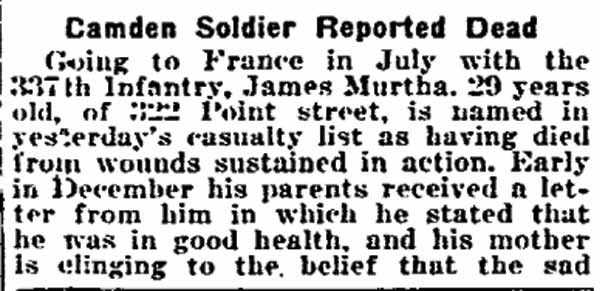 Philadelphia Inquirer, March 5, 1919 — Camden Soldier Reported Dead (part 1)
