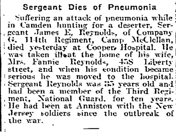 Philadelphia Inquirer, April 12, 1918 — Sergeant Dies of Pneumonia