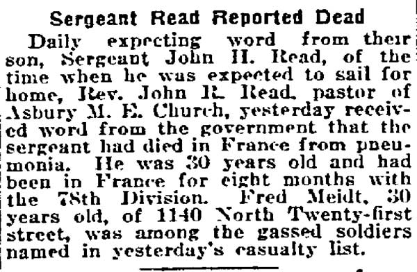 Philadelphia Inquirer, February 27, 1919 — Sergeant Read Reported Dead