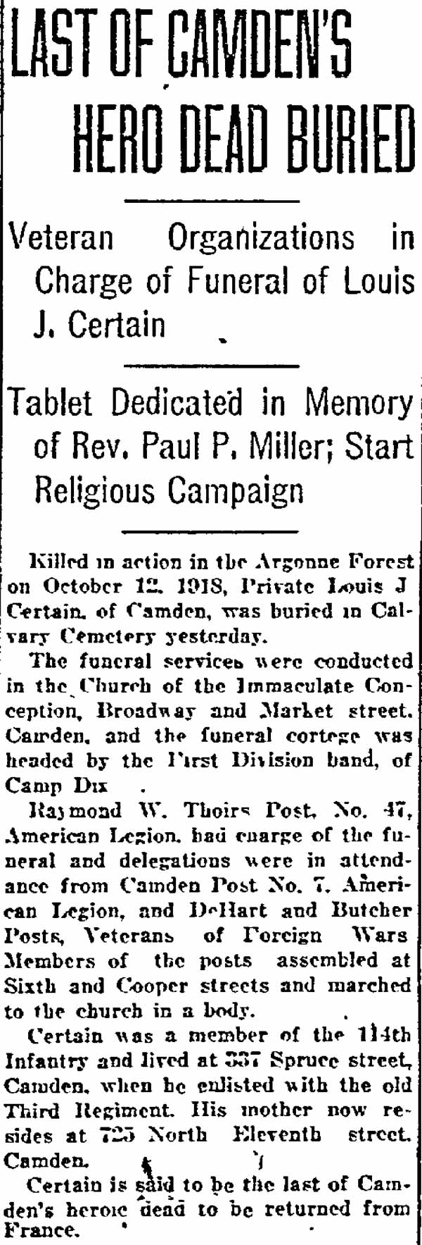 Philadelphia Inquirer article about Louis J. Certain Jr., October 31, 1921