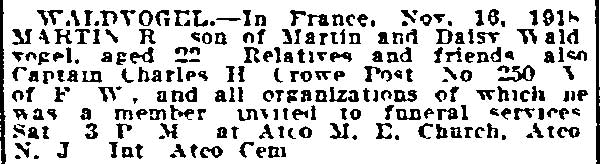 Philadelphia Inquirer death notice for Martin Waldvogel, July 29, 1921