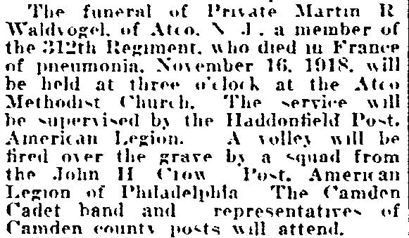 Philadelphia Inquirer article about Martin Waldvogel funeral, July 30, 1921