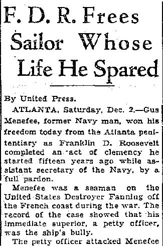 Seattle Daily Times article about Gus Menefee pardon, December 3, 1933, part 1