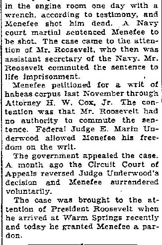 Seattle Daily Times article about Gus Menefee pardon, December 3, 1933, part 2