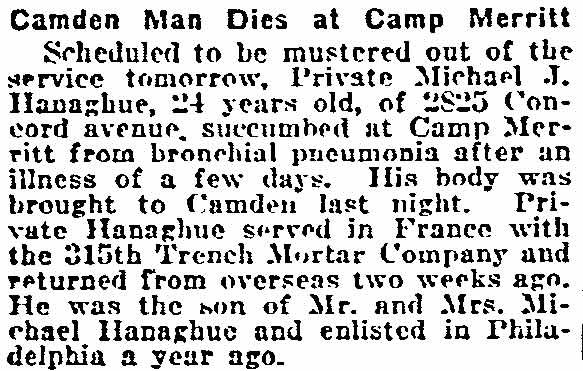 Philadelphia Inquirer article about Michael J. Hanaghue Jr., March 30, 1919