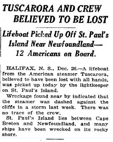 New York Times article about the missing SS Tuscarora, December 27, 1917