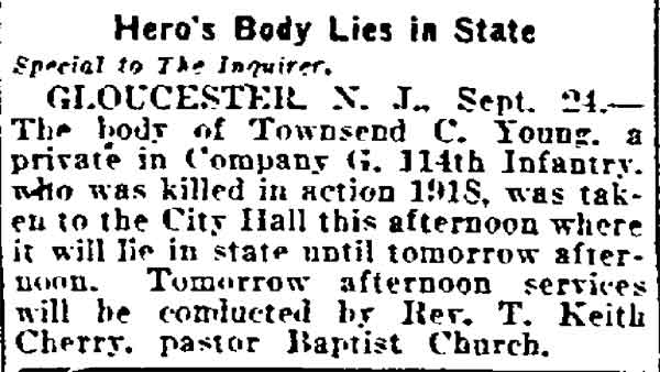 Philadelphia Inquirer September 25, 1921 - Hero's Body Lies in State