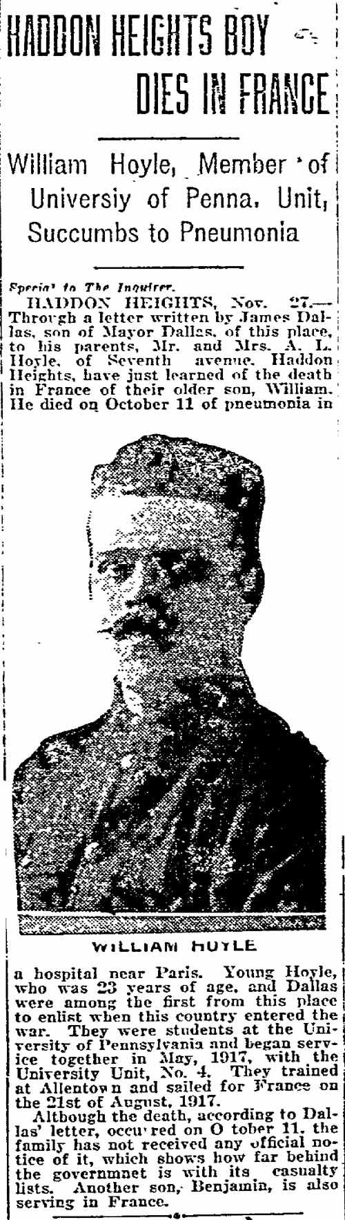 Philadelphia Inquirer November 29, 1918 - Haddon Heights Boy Dies in France