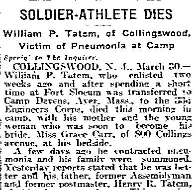 Philadelphia Inquirer March 31, 1918 - Soldier-Athlete Dies, column 1