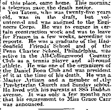 Philadelphia Inquirer March 31, 1918 - Soldier-Athlete Dies, column 2