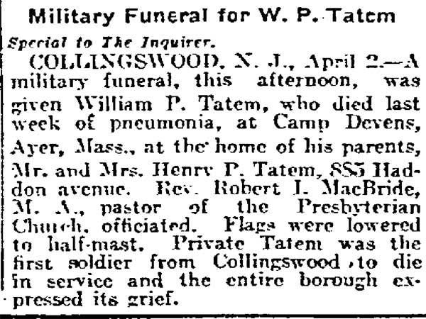 Philadelphia Inquirer April 3, 1918 - Military Funeral for W. P. Tatem