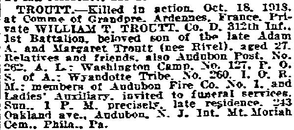 Philadelphia Inquirer November 4, 1921 - funeral notice for William T. Troutt