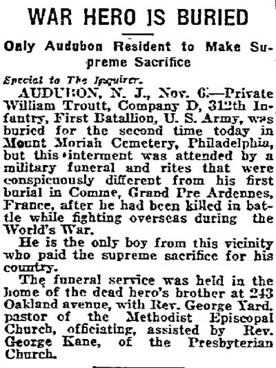 Philadelphia Inquirer November 7, 1921 - War Hero Is Buried