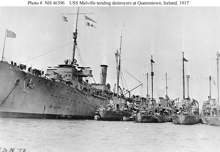 USS Melville tending destroyers at Queenstown, Ireland, 1917, including USS Jacob Jones