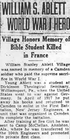 Camden Courier-Post June 19, 1943 - William S. Ablett World War I Hero, column 1