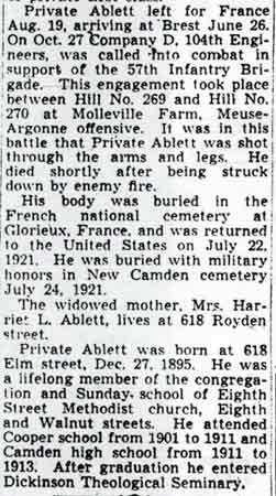 Camden Courier-Post June 19, 1943 - William S. Ablett World War I Hero, column 2