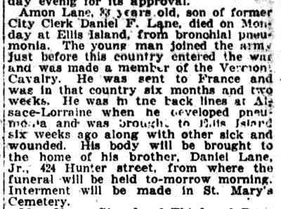 Camden Post-Telegram January 15, 1919 — Amon Lane dies at Ellis Island