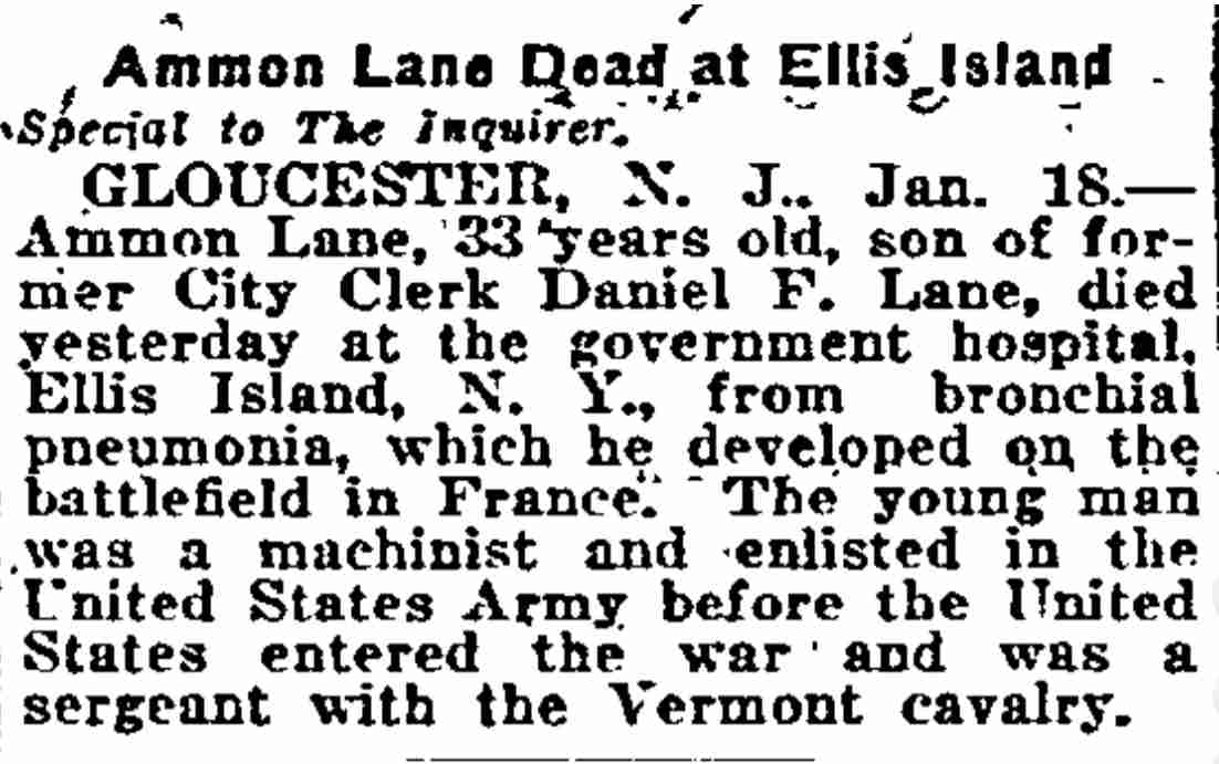 Philadelphia Inquirer January 16, 1919 — Ammon Lane Dead at Ellis Island