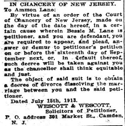 Camden Daily Courier July 19, 1913 — In Chancery of New Jersey, Bessie M. Lane vs. Ammon Lane