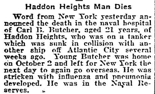 Philadelphia Inquirer October 13, 1918 — Haddon Heights Man Dies