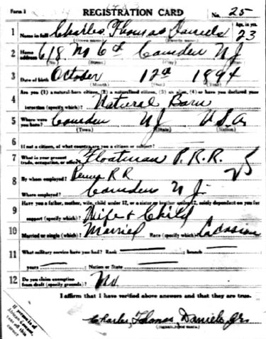 Charles T. Daniels World War I Draft Registration Card — front