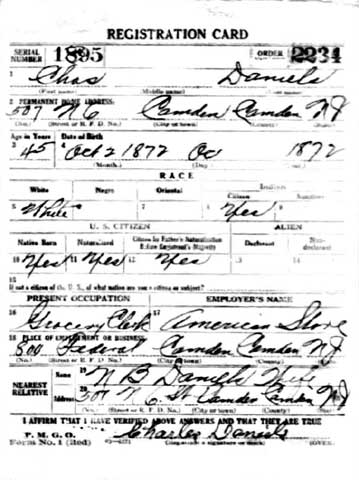 Charles Daniels (father) World War I Draft Registration Card — front