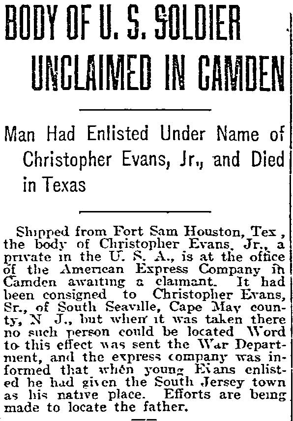 Philadelphia Inquirer October 16 1917 — Body of U.S. Soldier Unclaimed in Camden