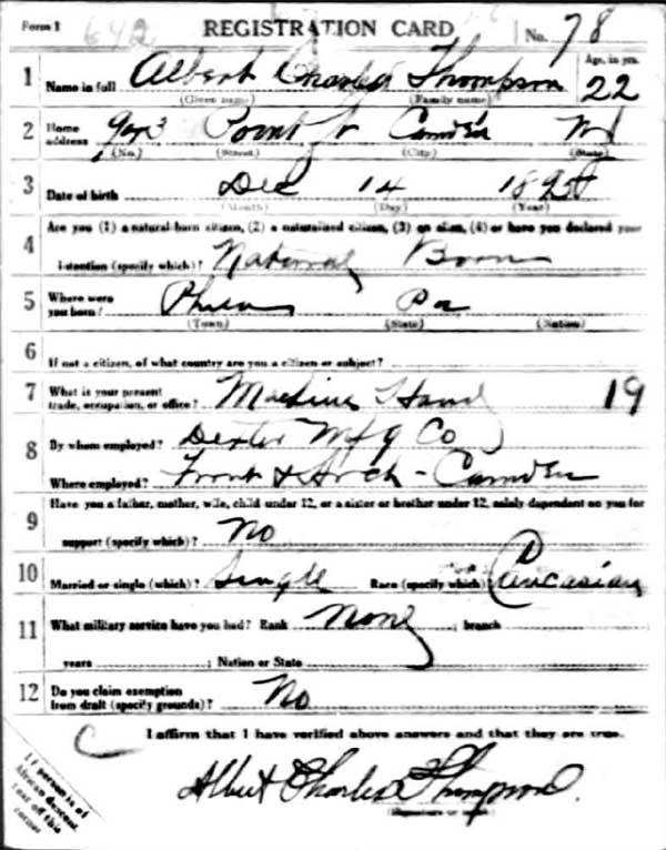 Albert Charles Thompson World War I Draft Registration Card — front