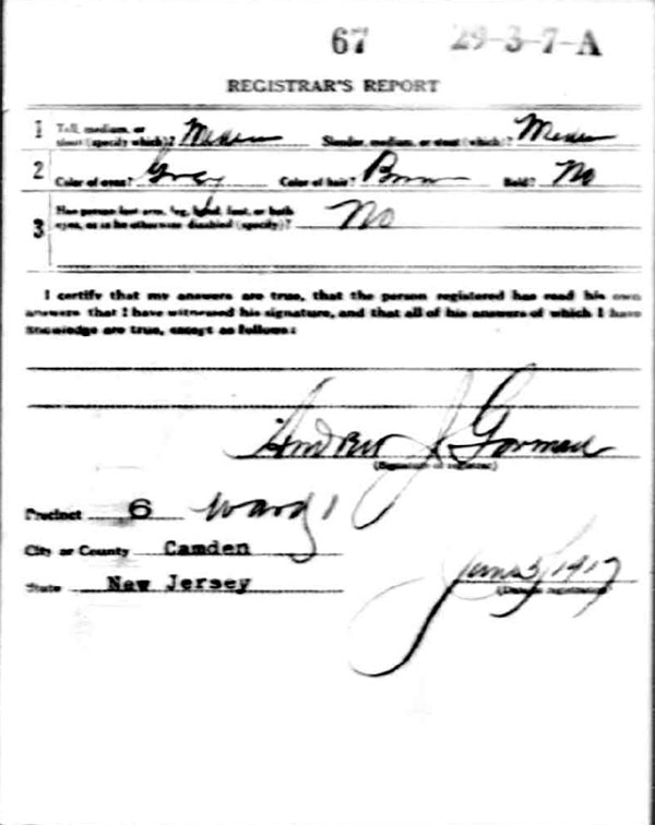 Albert Charles Thompson World War I Draft Registration Card — back