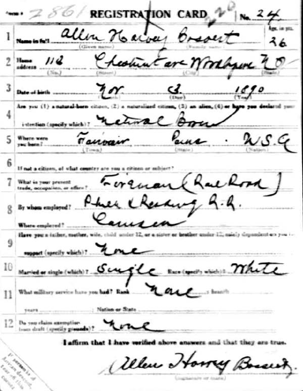 Allen H. Bossert World War I Draft Registration Card — front