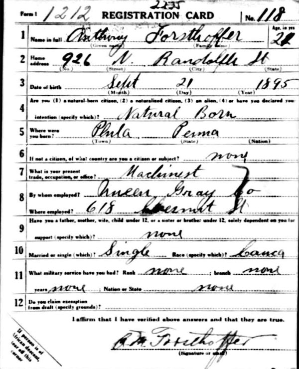 Anthony Michael Forsthoffer World War I Draft Registration Card — front