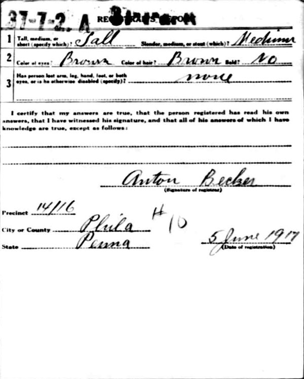 Anthony Michael Forsthoffer World War I Draft Registration Card — back