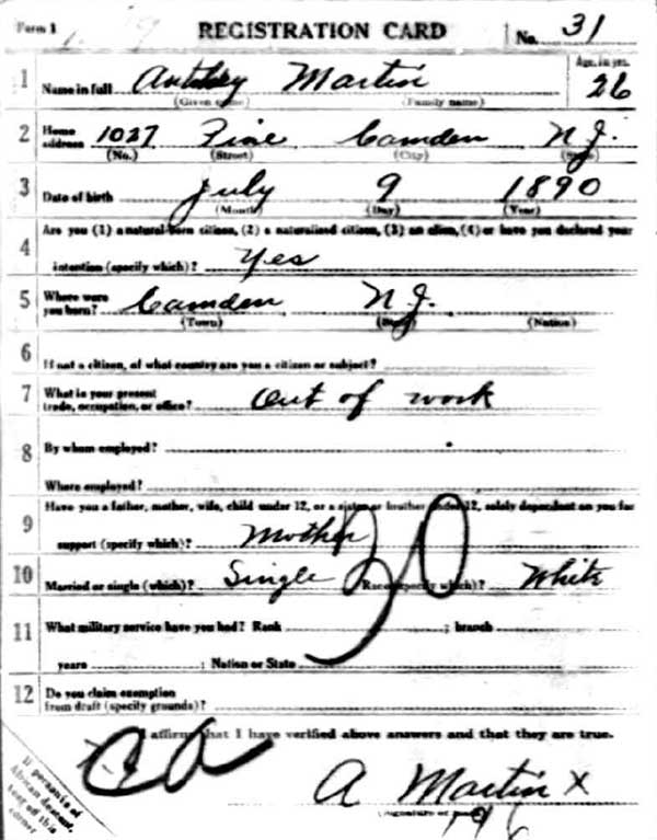 Anthony Martin World War I Draft Registration Card — front