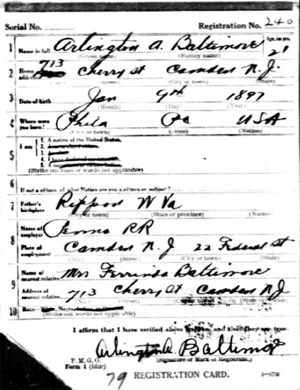 Arlington A. Baltimore World War I Draft Registration Card — front